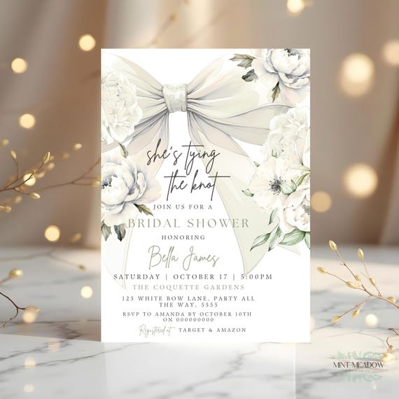 She's Tying the Knot Bridal Shower Invite Elegant White Bow Bridal Invite White Ribbon Wedding Shower Invites Floral Bridal Shower Canva
