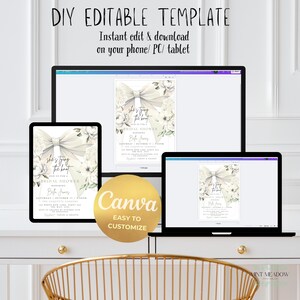 May include: A digital DIY editable bridal shower invitation template displayed on a tablet, laptop, and desktop computer. The invitation features a white bow and floral design with the text "she's tying the knot". The Canva logo is also visible.