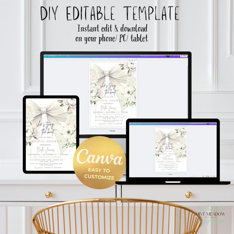 May include: A digital DIY editable bridal shower invitation template displayed on a tablet, laptop, and desktop computer. The invitation features a white bow and floral design with the text "she's tying the knot". The Canva logo is also visible.