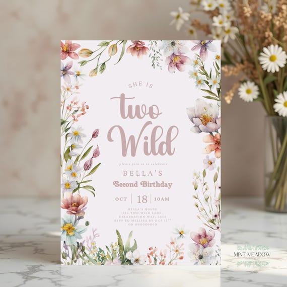 Two Wild Birthday Invitation Wildflower Second Girl Party Invite 2nd Birthday Invitation Girl Boho Minimalist Second Birthday Pink Flowers