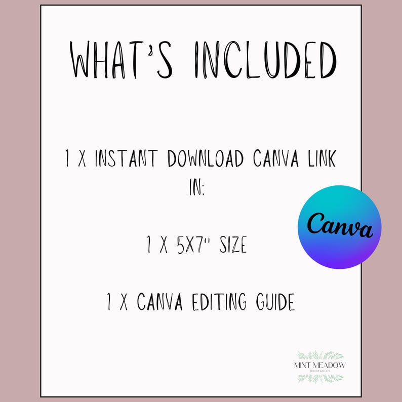 May include: White paper with the text "WHAT'S INCLUDED" at the top. Below, it lists a Canva link, a 5x7 inch size, and an editing guide. A Canva logo is on the right. The background is a light mauve color.