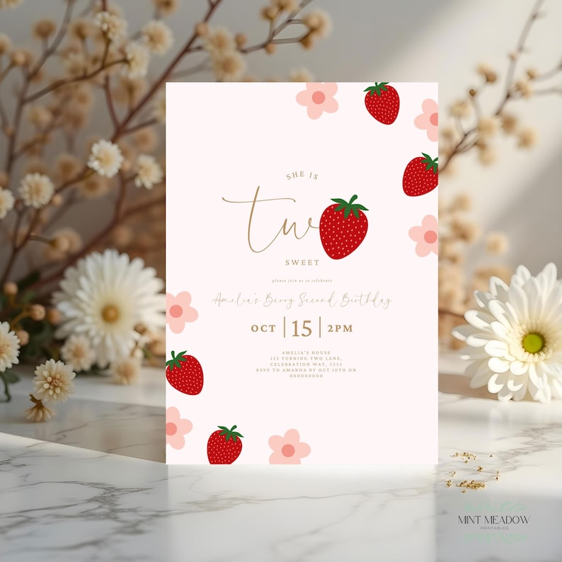 Op de afbeelding: Een lichtroze verjaardagsuitnodiging met de tekst "She is Two Sweet". De uitnodiging bevat illustraties van aardbeien en bloemen. De datum is 15 oktober om 14.00 uur. De uitnodiging is voor Amelia's tweede verjaardag.