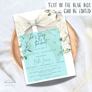 She's Tying the Knot Bridal Shower Invite Elegant White Bow Bridal Invite White Ribbon Wedding Shower Invites Floral Bridal Shower Canva image 8