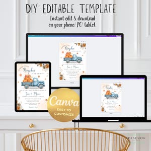 May include: A digital DIY editable template displayed on a computer monitor, tablet, and laptop screen. The invitation design features a blue truck carrying pumpkins with the text A Sweet Little Pumpkin Is On The Way. A gold Canva logo is centered.