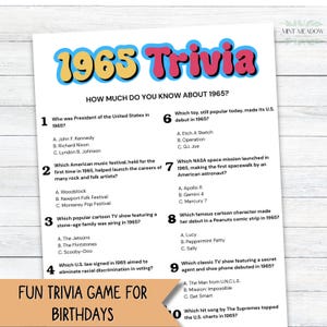 Printable 1965 Trivia Party Game 60th Birthday Party Activities Printable Fun Facts 1965 Quiz Night Party game Instant PDF Download