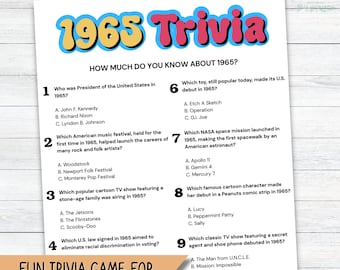 Printable 1965 Trivia Party Game 60th Birthday Party Activities Printable Fun Facts 1965 Quiz Night Party game Instant PDF Download