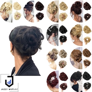May include: A collection of hair bun extensions in various colors, including blonde, brown, and black. The image showcases different styles and textures of hairpieces, designed to create voluminous updos. The products are displayed on models and as individual pieces.