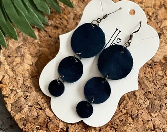 Geometric Earrings, Circle Earrings, Celestial Earrings, Genuine Leather Earrings, Statement Earrings, Mother’s Day Gift, Gift for Mom, Navy