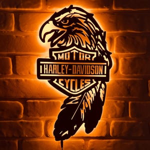 Harley-Davidson METAL Eagle Motorcycles Steel LED Silhouette Sign Eye-Catching, Wall Decor for Enthusiasts Perfect for Man Caves and Garages