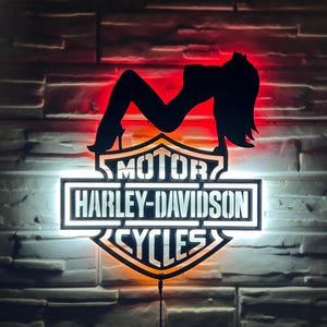 Harley-Davidson METAL Woman Motorcycles LED Silhouette Sign Eye-Catching Wall Decor for Enthusiasts - Perfect for Man Caves and Garages