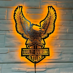 Harley-Davidson METAL Eagle Motorcycles Steel LED Silhouette Sign Eye-Catching, Wall Decor for Enthusiasts Perfect for Man Caves and Garages