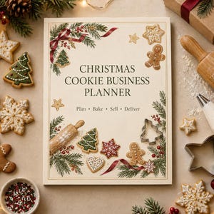 Könnte beinhalten: Ein rechteckiger Planer mit dem Titel CHRISTMAS COOKIE BUSINESS PLANNER und dem Text Plan, Bake, Sell, Deliver. Das Cover zeigt Illustrationen von Lebkuchenmännern, Schneeflockenkeksen, Tannenzweigen und Nudelhölzern auf cremefarbenem Grund.