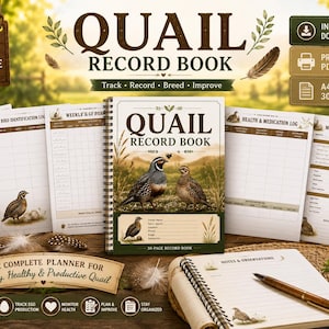 Puede incluir: Un libro de registro de codornices con 30 páginas imprimibles en tamaño A4 para rastrear información del rebaño, identificación de aves, salud, medicación y resúmenes mensuales, con una portada en espiral que muestra dos aves.