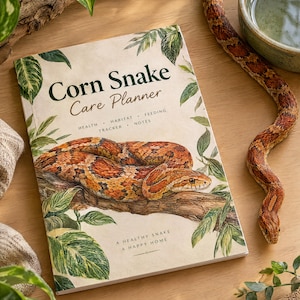 Könnte beinhalten: Ein Corn Snake Care Planner Buch mit cremefarbenem Einband, das eine detaillierte Illustration einer orange-roten Kornnatter zeigt, die sich um einen Ast mit grünen Blättern windet. Der Text lautet Corn Snake Care Planner, Health, Habitat, Feeding, Tracker, Notes und A Healthy Snake, A Happy Home.
