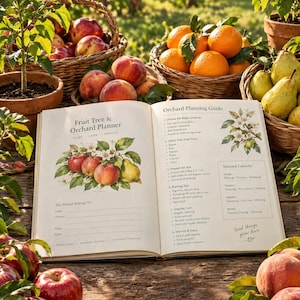 May include: An open Fruit Tree & Orchard Planner book with botanical illustrations of apples and pears, surrounded by baskets of fresh apples, oranges, and pears, with metal pruning shears resting on a rustic wooden surface in an orchard.