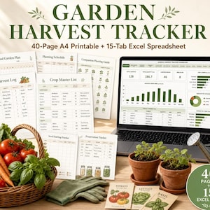 Könnte beinhalten: Ein Garten-Ernte-Tracker-Set mit einem 40-seitigen A4-Druckdokument und einer Excel-Tabelle mit 15 Reitern. Das Bild zeigt ausgedruckte Protokollblätter, einen Laptop mit digitalem Dashboard, einen Korb mit frischem Gemüse und Saatguttüten.
