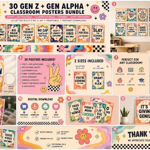 May include: A bundle of 30 Gen Z and Gen Alpha classroom posters featuring colourful, retro-inspired designs with motivational quotes and slang. The set includes various rectangular prints with wavy patterns, smiley faces, and flowers in vibrant hues.