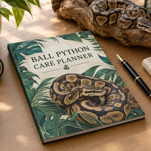 Peut inclure: Un livre Ball Python Care Planner avec une couverture illustrée d'un serpent brun et noir enroulé parmi des feuilles tropicales vertes. Le texte indique Ball Python Care Planner avec une petite icône de serpent sur une surface en bois.