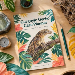 Könnte beinhalten: Ein Gargoyle Gecko Care Planner Buch mit cremefarbenem Einband, das einen Gecko auf einem Ast umgeben von tropischen Blättern und Blüten zeigt. Der Text lautet Gargoyle Gecko Care Planner, Health, Habitat, Diet, Notes, Happy Gecko, Healthy Life.