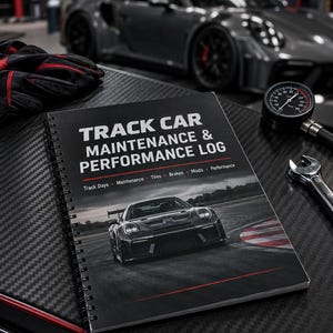 Könnte beinhalten: Ein spiralgebundenes Track Car Maintenance & Performance Log Buch mit schwarzem Einband und einem weißen Sportwagen auf einer Rennstrecke. Der Einband enthält den Text Track Days, Maintenance, Tires, Brakes, Mods und Performance.