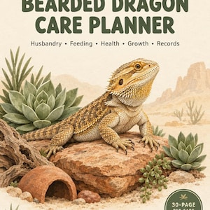 May include: A Bearded Dragon Care Planner with a beige background, featuring a central illustration of a bearded dragon on a rock, surrounded by succulents and desert elements. Text includes "BEARDED DRAGON CARE PLANNER" and "30-PAGE PET CARE ORGANISER".