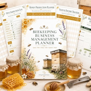 May include: A beekeeping business management planner with printed pages including a Hive Inspection Log, Honey Production Planner, Sales & Income Tracker, and Beekeeping Business Profitability sheet, decorated with honeycombs, bees, and lavender.