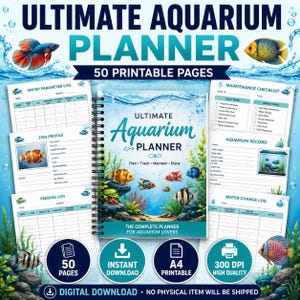 Puede incluir: Un planificador de acuario digital de 50 páginas imprimibles, con una portada de espiral que muestra peces coloridos y plantas acuáticas. Incluye plantillas para registros de parámetros del agua, perfiles de peces y listas de mantenimiento.