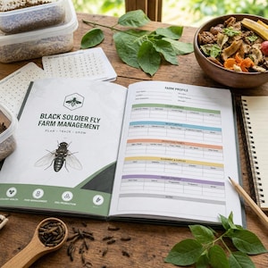 Könnte beinhalten: Ein Logbuch zur Zucht der Schwarzen Soldatenfliege, aufgeschlagen auf einer Seite mit einem Farmprofil-Formular, mit einer schwarzen Fliegenillustration, grünen Akzenten und Texten wie Colony Health, Feed Management und Egg Production sowie einem Holzlöffel mit Larven.
