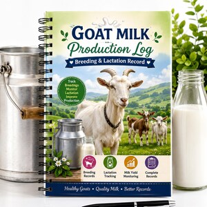 May include: A spiral-bound Goat Milk Production Log book featuring a white goat on the cover with the text Goat Milk Production Log, Breeding & Lactation Record, and icons for breeding, lactation, milk yield, and records, plus a black pen.