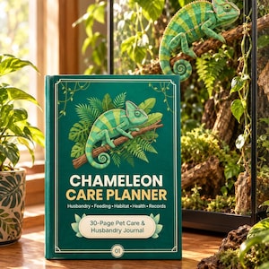 Op de afbeelding: Een donkergroen hardcover boek getiteld Chameleon Care Planner met een afbeelding van een groene kameleon op een tak. De kaft bevat de tekst Husbandry, Feeding, Habitat, Health, Records en 30-Page Pet Care & Husbandry Journal met het nummer 01.