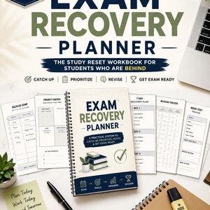 Op de afbeelding: Een 30-pagina tellend spiraalgebonden Exam Recovery Planner werkboek met een witte kaft, donkerblauwe en olijfgroene tekst, een stapel boeken en een vinkje. De planner is omringd door losse pagina's, waaronder een prioriteitenmatrix en trackers.