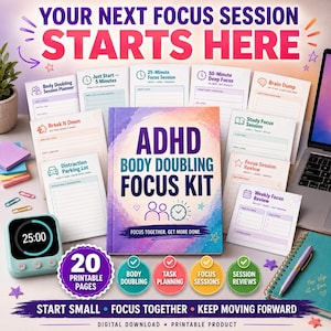 ADHD Body Doubling Focus Kit, Executive Function Planner, Focus Worksheets, Productivity Printable