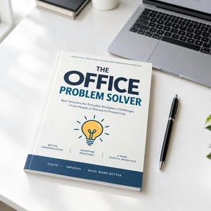 May include: A white book titled The Office Problem Solver with a yellow lightbulb illustration on the cover. The text includes Practical Tools for a Calmer, More Productive Workplace, Real Solutions for Everyday Workplace Challenges, and Solve, Improve, Make Work Better.