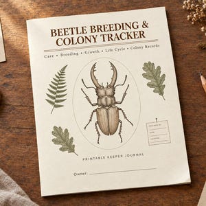 May include: A cream-coloured Beetle Breeding & Colony Tracker journal featuring a central illustration of a stag beetle, fern and oak leaf drawings, and sections for care, breeding, growth, life cycle, colony records, and owner information.
