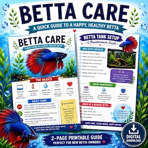 Könnte beinhalten: Ein zweiseitiger, druckbarer Leitfaden mit dem Titel "Betta Care" mit Informationen zur Pflege von Betta-Fischen. Der Leitfaden enthält die Einrichtung des Aquariums, die Wasseraufbereitung und Anzeichen für einen gesunden Betta. Das Bild zeigt einen blau-roten Betta-Fisch.