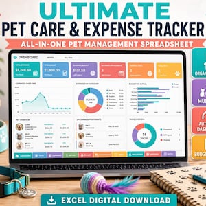 May include: A laptop screen displaying an Ultimate Pet Care & Expense Tracker spreadsheet with colorful charts, graphs, and data tables. The dashboard includes sections for expenses, budget, pet overview, upcoming appointments, and tasks.