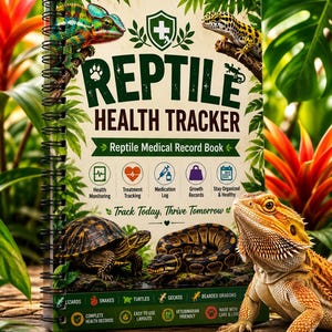 May include: A spiral-bound Reptile Health Tracker book featuring a green shield logo, text, and illustrations of a chameleon, leopard gecko, turtle, snake, and bearded dragon. The cover includes icons for health monitoring, treatment, and medication logs.