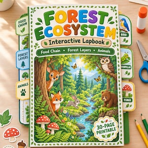 Op de afbeelding: Een interactief Forest Ecosystem Lapbook met een 30-pagina tellende printbare omslag met een kleurrijke bosscène met een hert, vos, konijn, beer, uil en vlinders. Het boek bevat zijtabbladen met de labels Food Chain, Forest Layers en Animals.