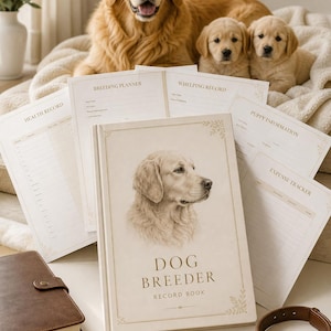 Puede incluir: Un libro de registro para criadores de perros con una cubierta color crema que presenta una ilustración de un golden retriever y el texto Dog Breeder Record Book. El libro está rodeado de páginas impresas tituladas Health Record, Breeding Planner, Whelping Record, Puppy Information y Expense Tracker, junto a un cuaderno de cuero marrón, un bolígrafo dorado y un collar de perro marrón.