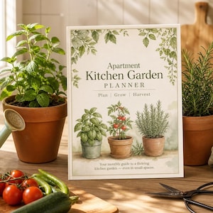 May include: A rectangular book titled Apartment Kitchen Garden PLANNER with the subtitle Plan | Grow | Harvest and the text Your monthly guide to a thriving kitchen garden — even in small spaces. The cover features watercolor illustrations of potted plants.