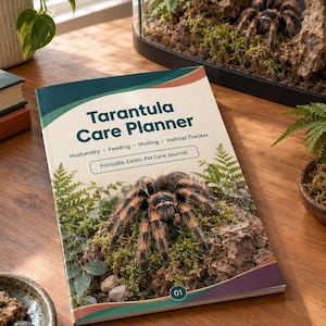 以下が含まれることがあります： 「Tarantula Care Planner」というタイトルのソフトカバーブック。サブタイトルは「Printable Exotic Pet Care Journal」。表紙には苔むした地面にいる大きな茶色と黒のタランチュラが描かれ、Husbandry、Feeding、Molting、Habitat Trackerという文字が記載されています。