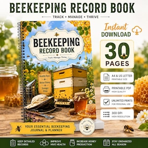 Puede incluir: Un libro de registro de apicultura con encuadernación en espiral y una portada con una colmena, miel y abejas. El texto dice BEEKEEPING RECORD BOOK, TRACK, MANAGE, THRIVE y YOUR ESSENTIAL BEEKEEPING JOURNAL & PLANNER. Incluye 30 páginas, tamaño A4.