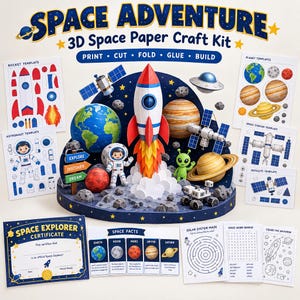 May include: A 3D space paper craft kit titled Space Adventure featuring templates for a rocket, astronaut, planets, and satellite. The kit includes a Space Explorer certificate, space facts cards, a maze, word search, and colouring pages.
