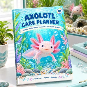 May include: A hardcover Axolotl Care Planner book with a blue aquatic cover featuring a pink axolotl, underwater plants, and bubbles. The text reads Axolotl Care Planner, Feeding, Water Quality, Aquarium Care, Health, Growth, Track, Care, Organize, Remember.