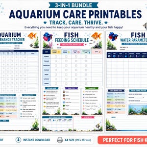 May include: A 3-in-1 bundle of aquarium care printables. The design includes an aquarium maintenance tracker, a fish feeding schedule, and a fish water parameters log. The printables are designed to help keep your aquarium healthy. The size is A4 (8.3 x 11.7 inches).