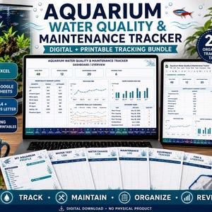 Può includere: Un pacchetto digitale per il monitoraggio della qualità dell'acqua e della manutenzione dell'acquario visualizzato su uno schermo di laptop e tablet, accompagnato da sei fogli di registro stampati. Il cruscotto include grafici, tabelle e il testo Aquarium Water Quality & Maintenance Tracker.