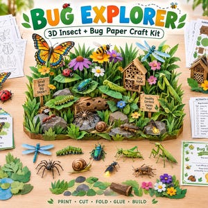 Può includere: Un kit di artigianato in carta 3D per insetti e piccoli animali intitolato Bug Explorer, che include modelli stampati, pagine di attività, schede informative sugli insetti, un certificato e vari insetti di carta come farfalla, ape, ragno, lumaca e scarabeo in un giardino.
