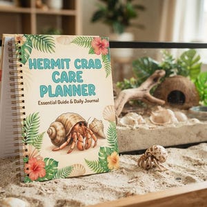 Może przedstawiać: Notatnik ze spiralą zatytułowany Hermit Crab Care Planner: Essential Guide & Daily Journal. Okładka przedstawia ilustrację kraba pustelnika, tropikalne liście i kwiaty hibiskusa na kremowym tle ze złotą spiralą.