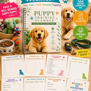 May include: A spiral-bound puppy training planner featuring a golden retriever puppy on the cover. The set includes various printable pages for tracking training, commands, socialisation, walking schedules, behaviour, growth, and monthly progress reviews.