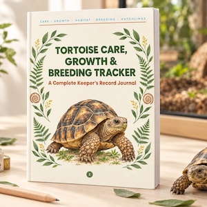 Könnte beinhalten: Ein weißes Buch mit dem Titel Tortoise Care, Growth & Breeding Tracker: A Complete Keeper's Record Journal. Das Cover zeigt eine Schildkrötenillustration, umrahmt von grünen Blättern und gelben Blüten, mit der Zahl 1 unten in der Mitte.